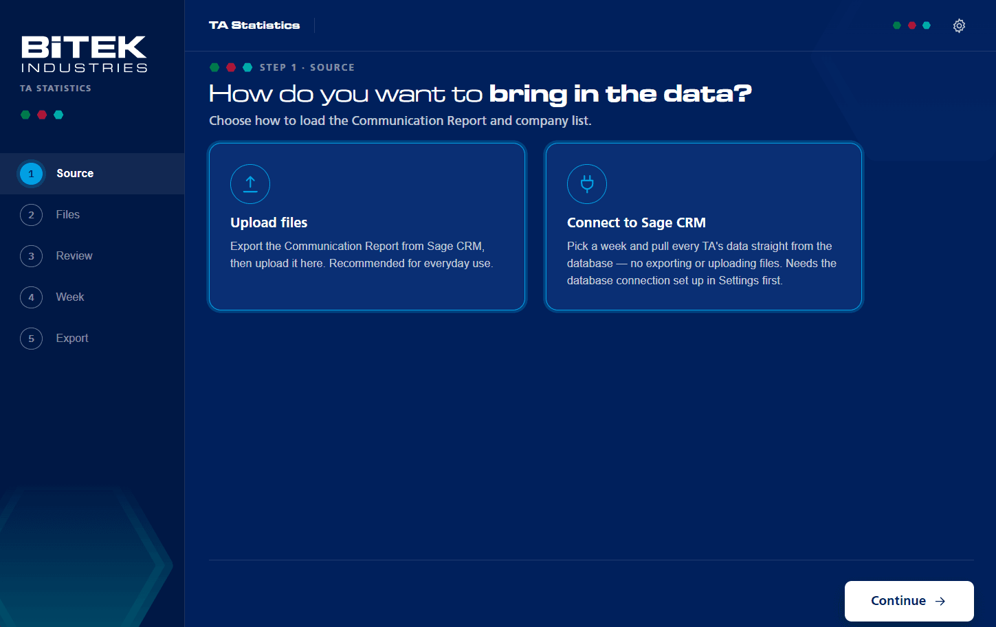 TA Statistics — internal reporting tool UI redesign, Bitek Industries.